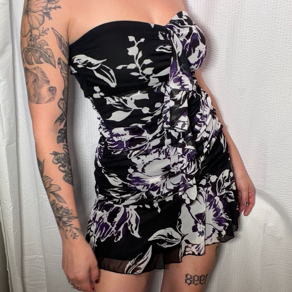 Y2K Ruby Rox Whimsigoth Strapless High-Low Dress, Sheer Tiered Purple Floral